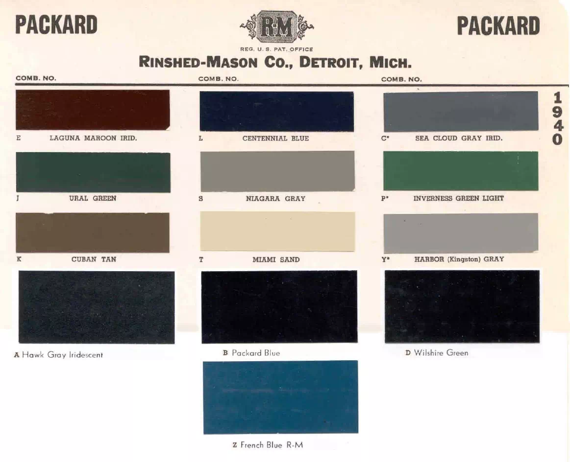1940 Packard Paint Codes & Color Chart colors and ordering codes for those colors used on 1940 vehicles