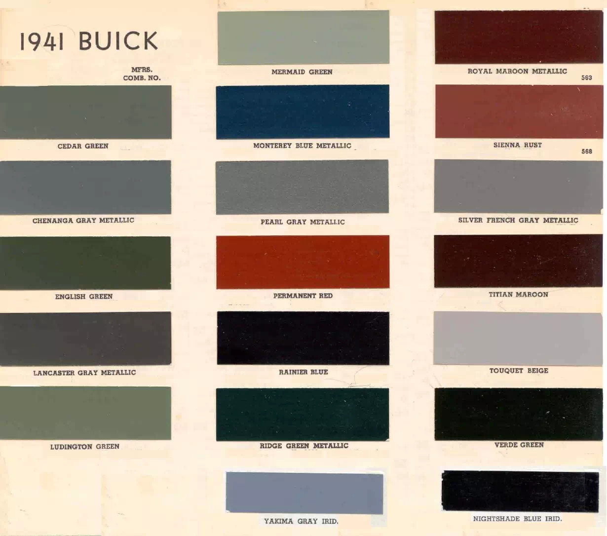 1941 Buick Paint Codes & Color Chart colors and ordering codes for those colors used on 1941 vehicles