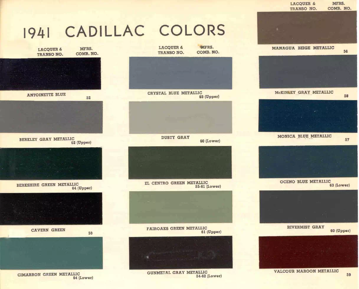 1941 Cadillac Paint Codes & Color Chart colors and ordering codes for those colors used on 1941 vehicles