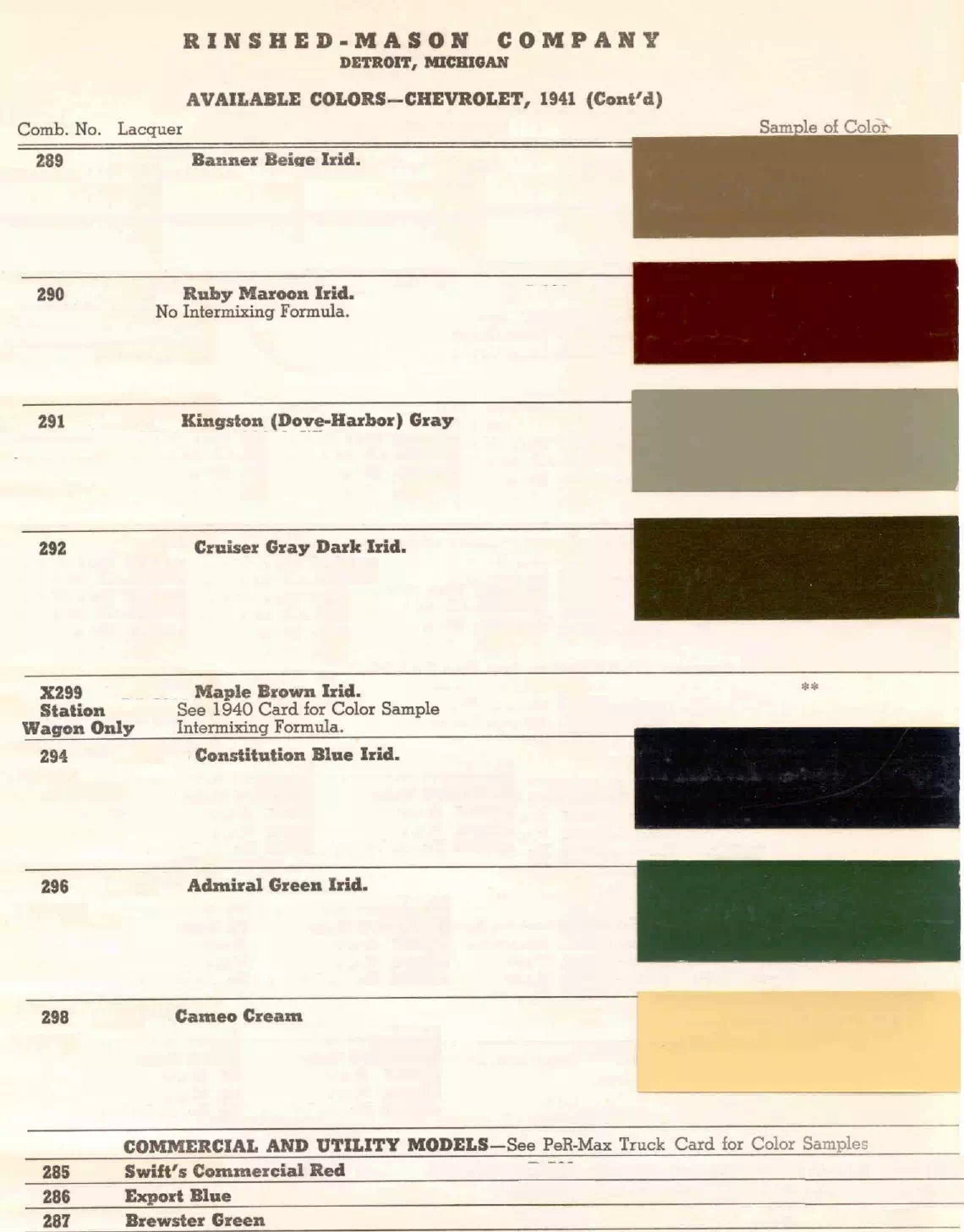 1941 Chevrolet Paint Codes & Color Chart colors and ordering codes for those colors used on 1941 vehicles