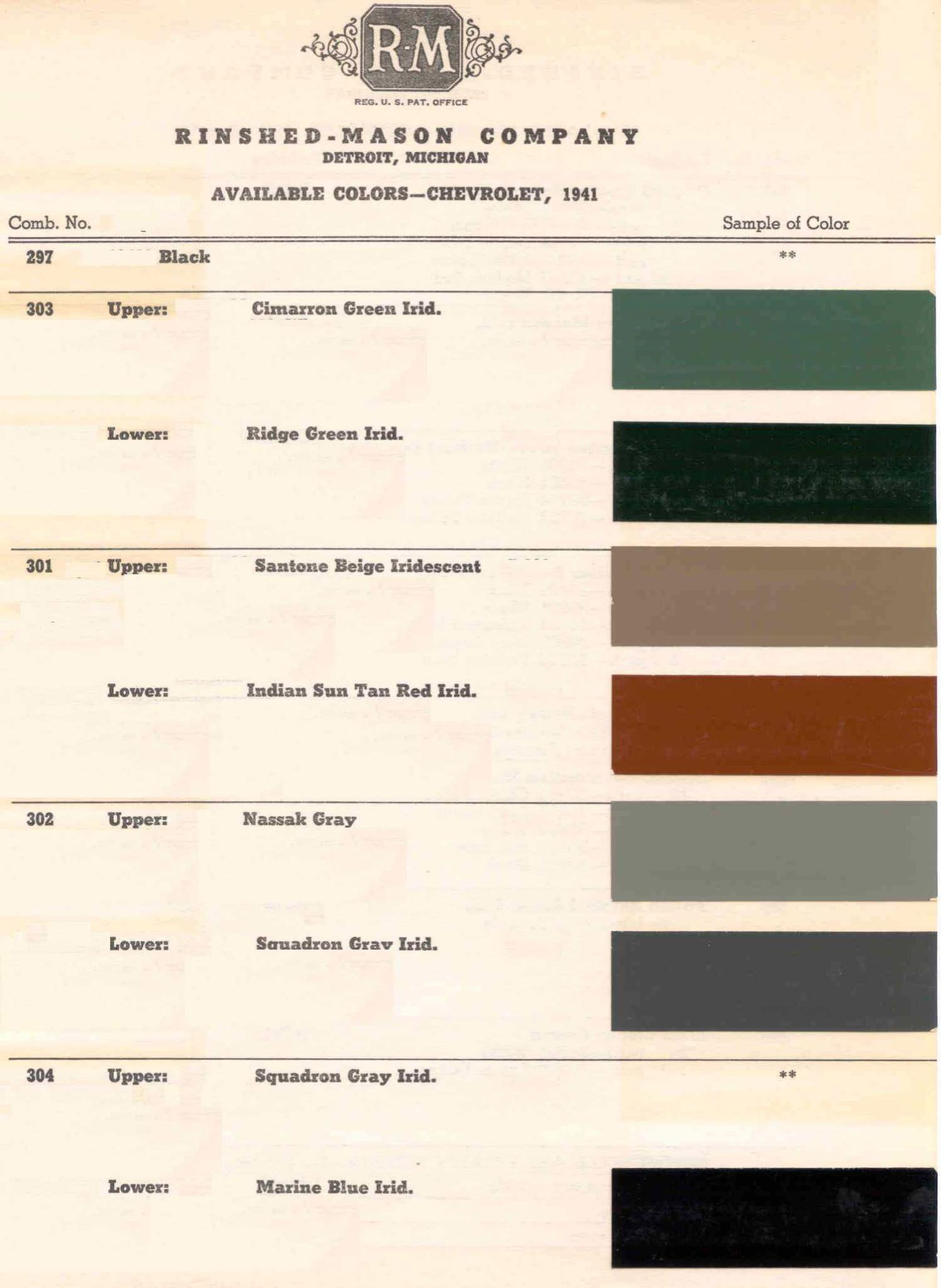 1941 Chevrolet Paint Chart Color Examples and their codes for Chevrolet Vehicles