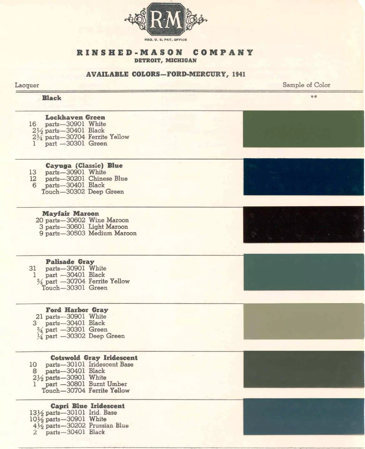 1941 Ford & Mercury Paint Codes & Color Chart colors and ordering codes for those colors used on 1941 vehicles