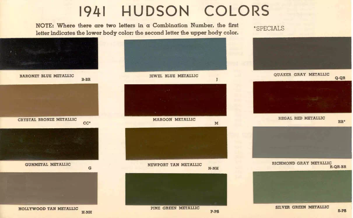 1941 Hudson Paint Codes & Color Chart colors and ordering codes for those colors used on 1941 vehicles