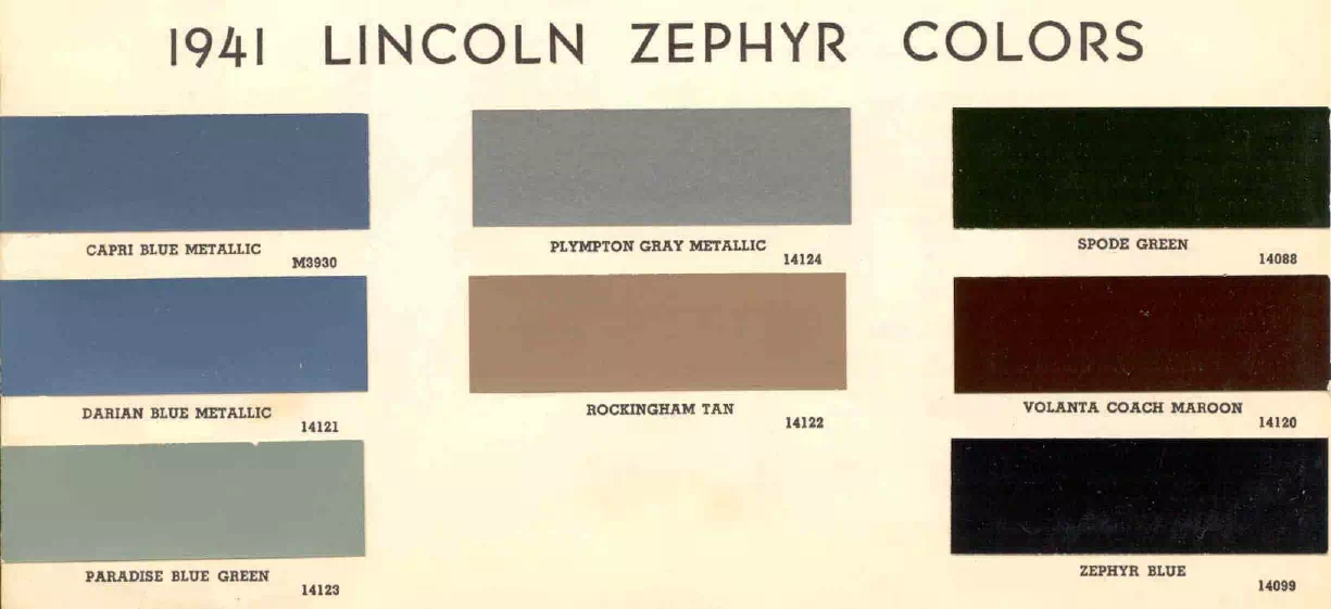 1941 Lincoln Paint Codes & Color Chart colors and ordering codes for those colors used on 1941 vehicles