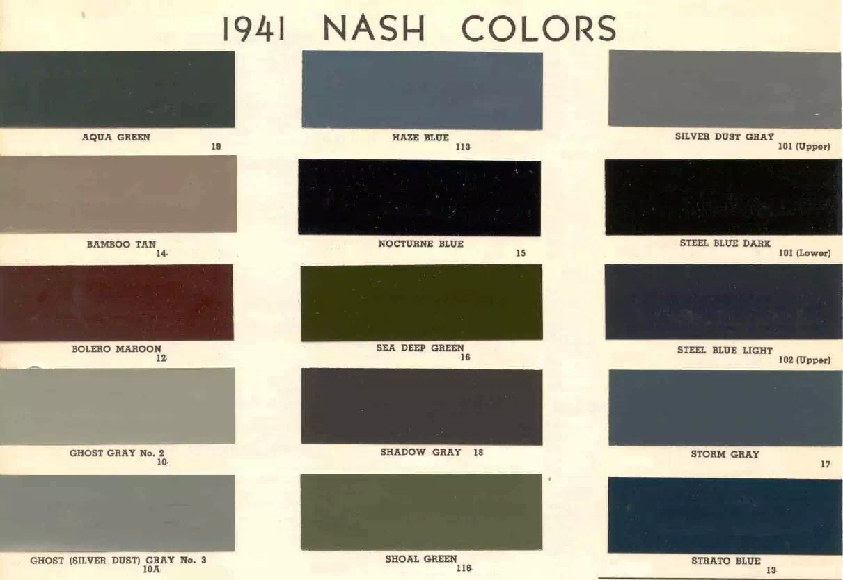 1941 Nash Paint Codes & Color Chart colors and ordering codes for those colors used on 1941 vehicles