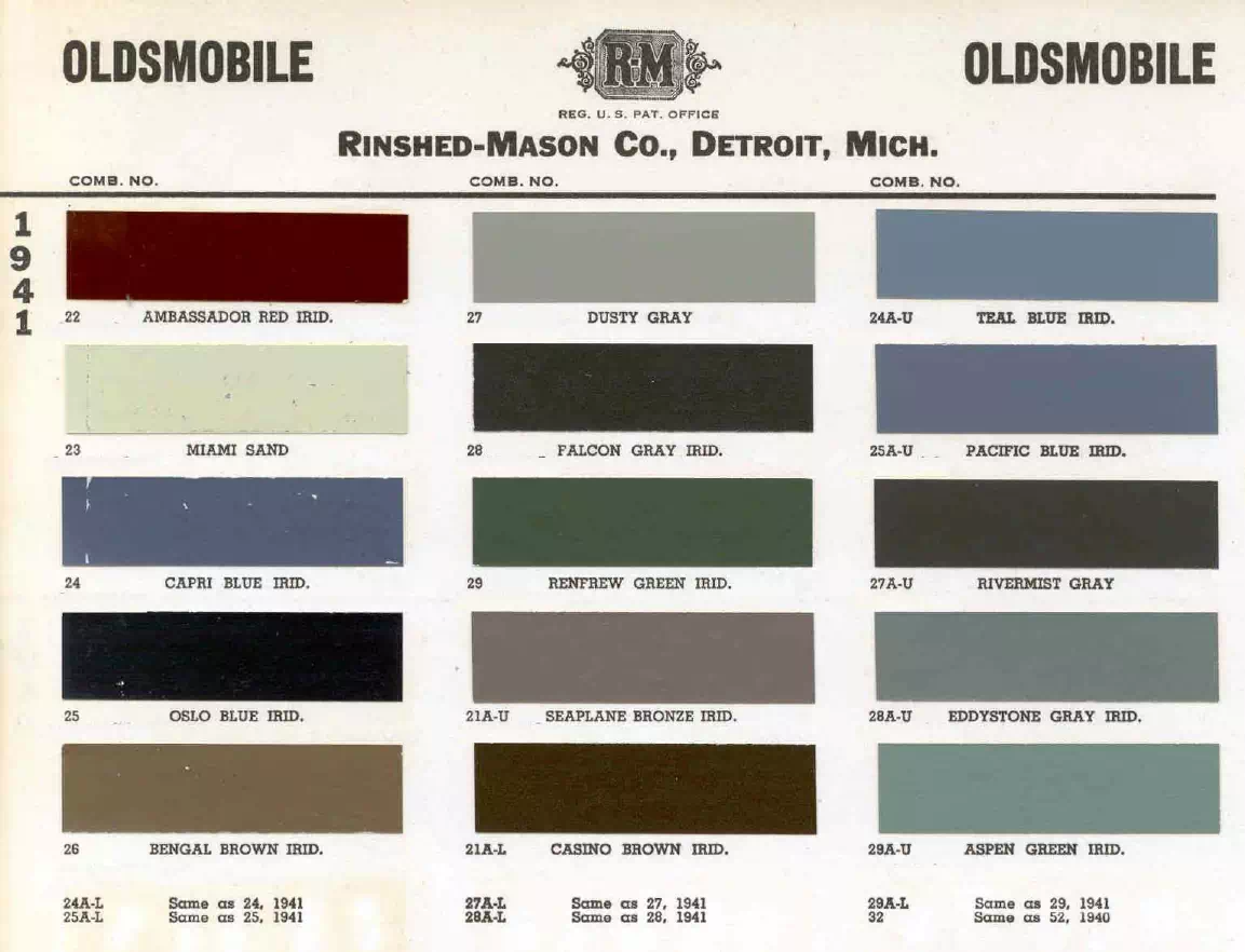 1941 Oldsmobile Paint Codes & Color Chart colors and ordering codes for those colors used on 1941 vehicles