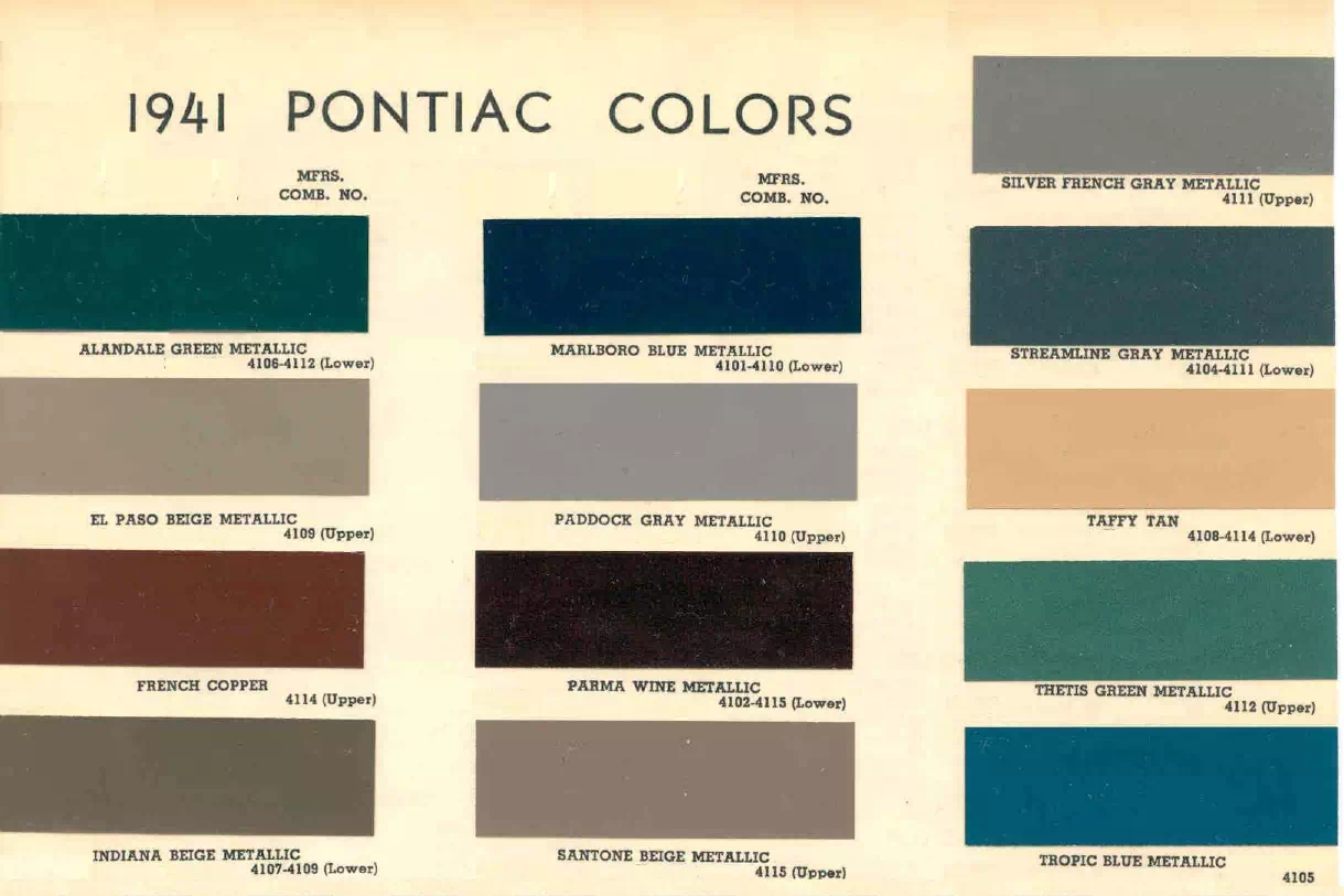 1941 Pontiac Paint Codes & Color Chart colors and ordering codes for those colors used on 1941 vehicles