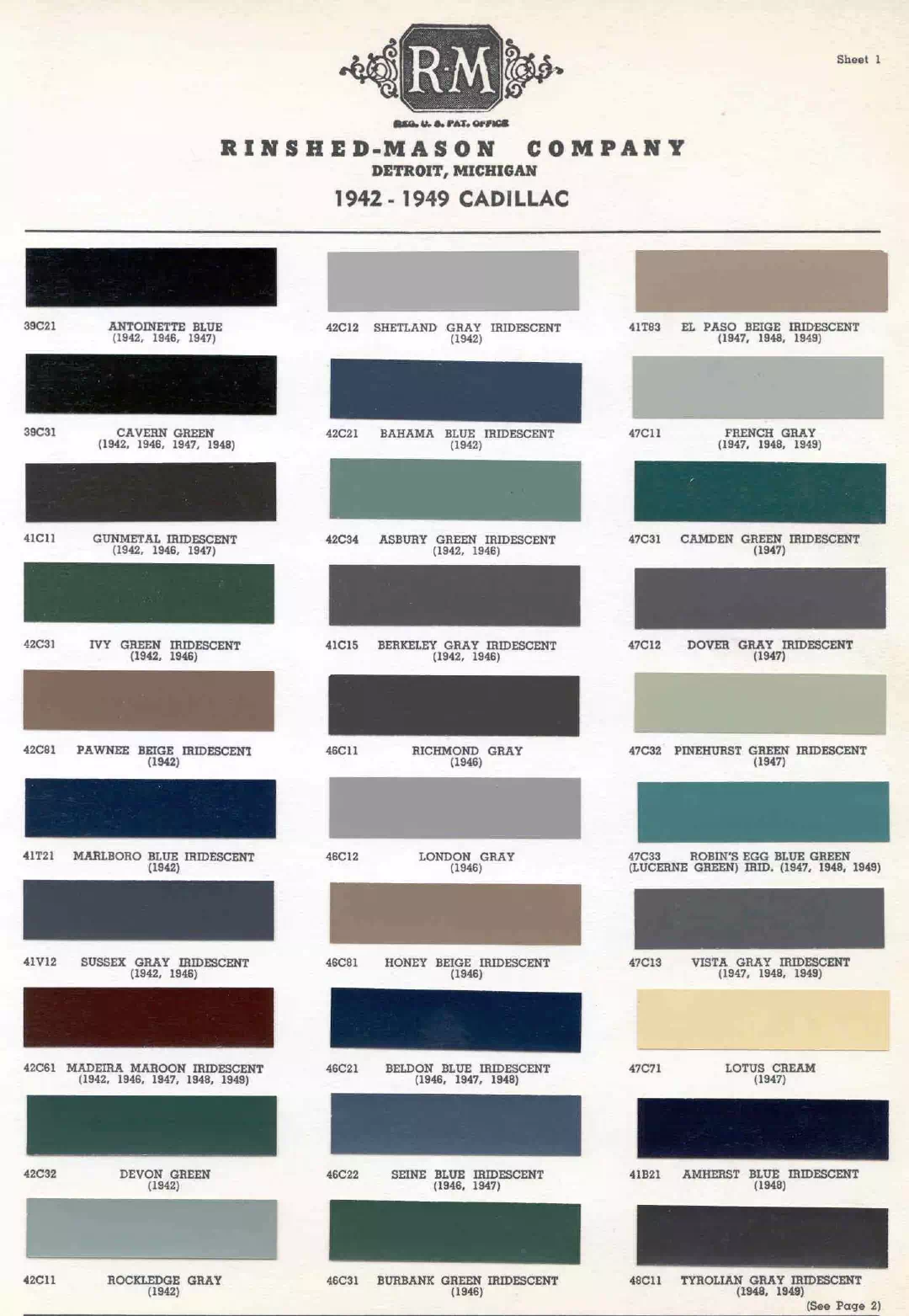 1942, 1946, 1947, 1948 & 1949 Cadillac Paint Codes & Color Chart colors and ordering codes for those colors used the vehicles for the years listed