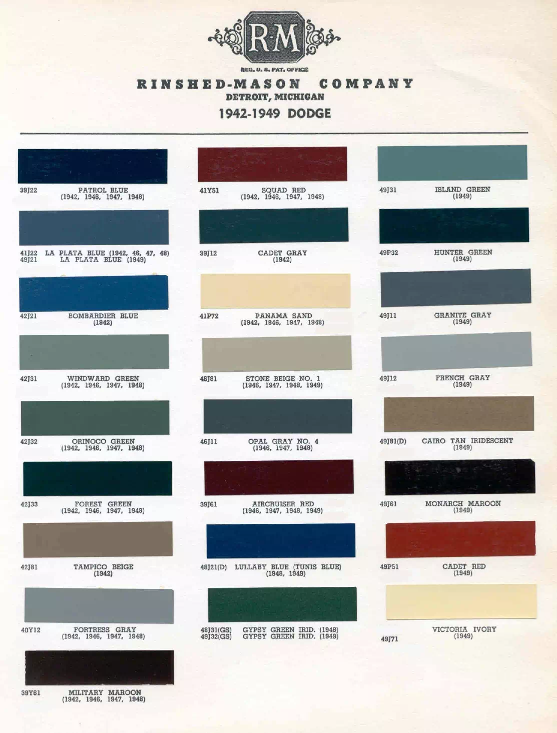 1942, 1946, 1947, 1948 & 1949 Dodge Paint Codes & Color Chart colors and ordering codes for those colors used the vehicles for the years listed