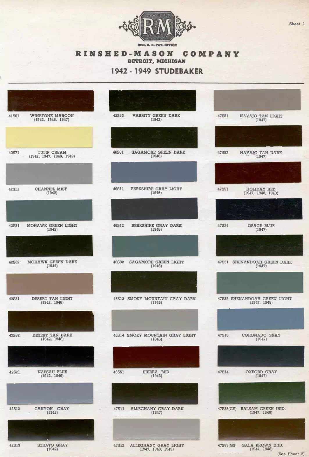 1942, 1946, 1948 & 1949 Studebaker Paint Codes & Color Chart colors and ordering codes for those colors used the vehicles for the years listed