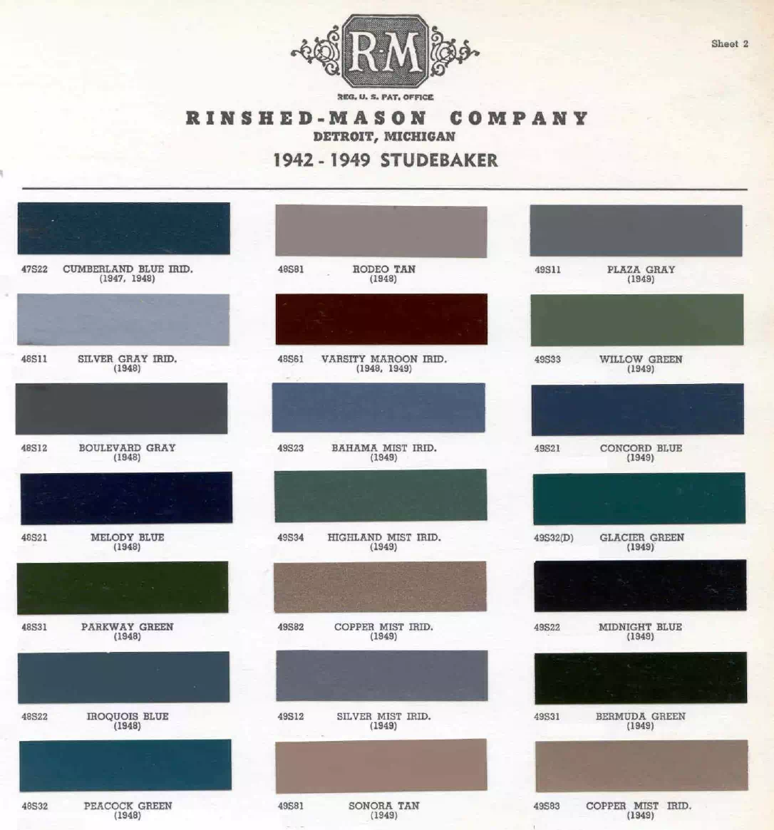 1942, 1946, 1948 & 1949 Studebaker Paint Codes & Color Chart colors and ordering codes for those colors used the vehicles for the years listed