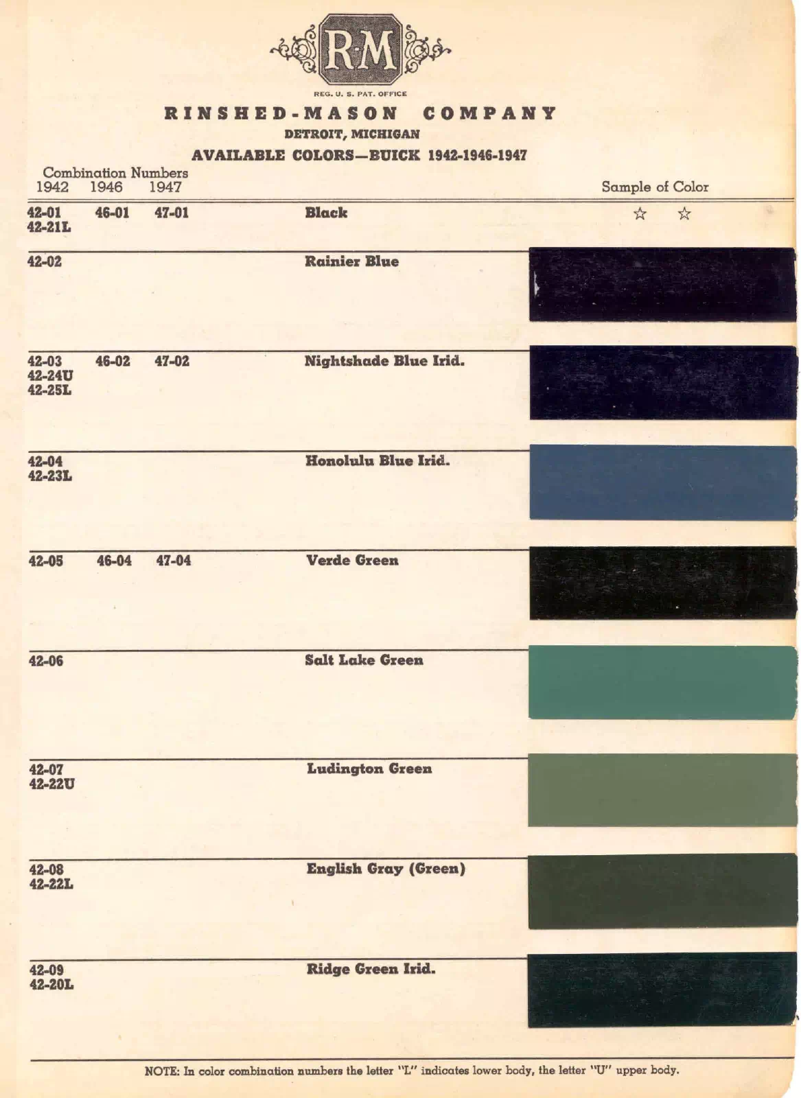 1942, 1946 & 1947 Buick Paint Codes and Color Chart colors and ordering codes for those colors used the vehicles for the years listed