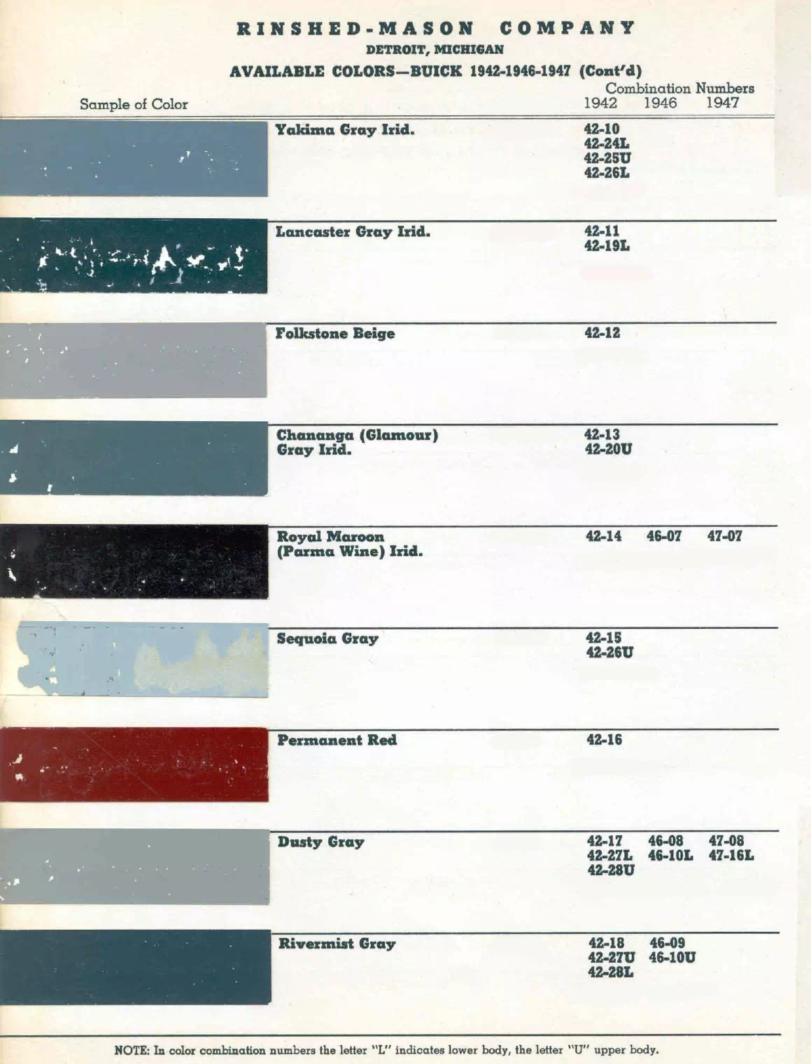 1942, 1946 & 1947 Buick Paint Codes and Color Chart colors and ordering codes for those colors used the vehicles for the years listed