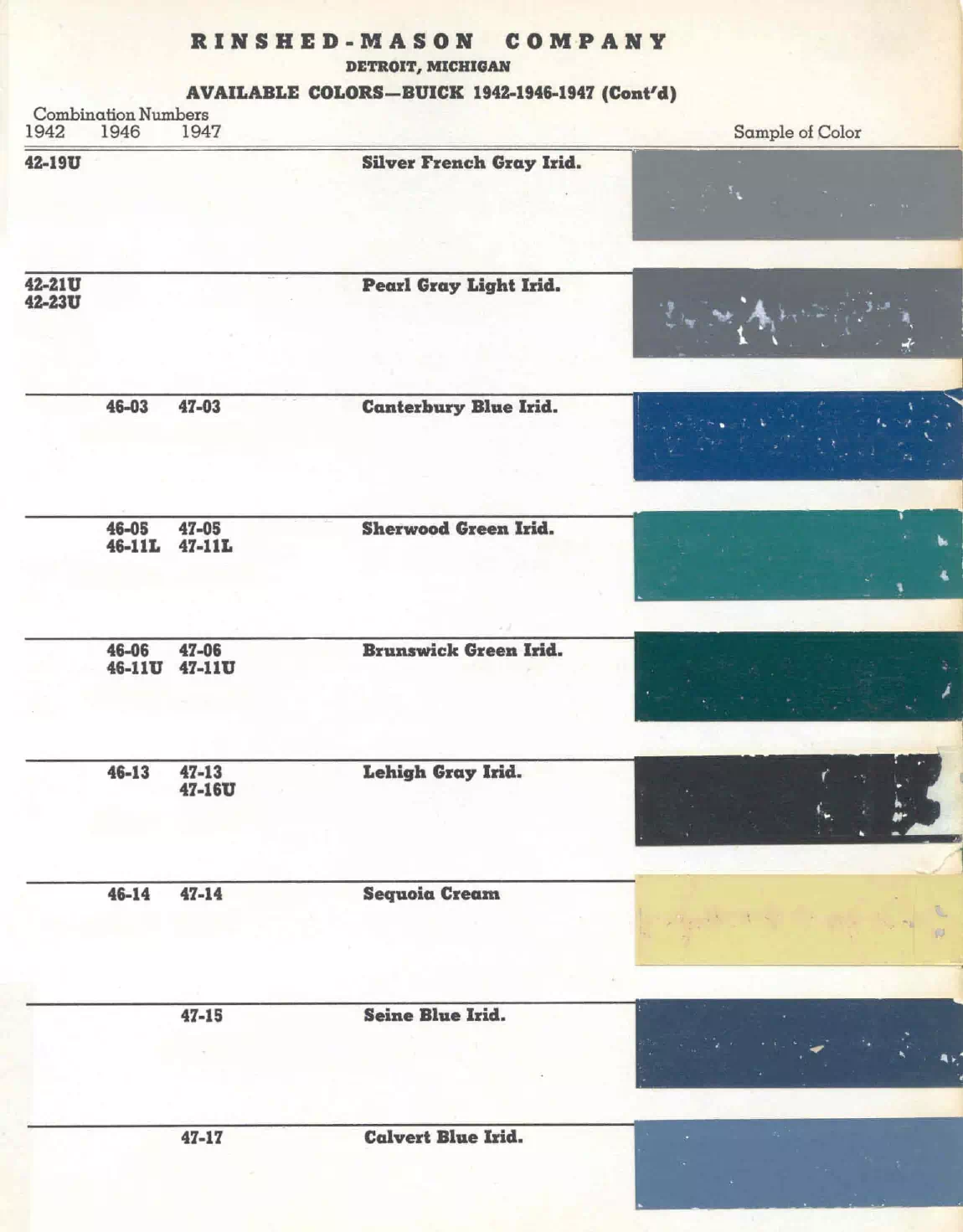 1942, 1946 & 1947 Buick Paint Codes and Color Chart colors and ordering codes for those colors used the vehicles for the years listed