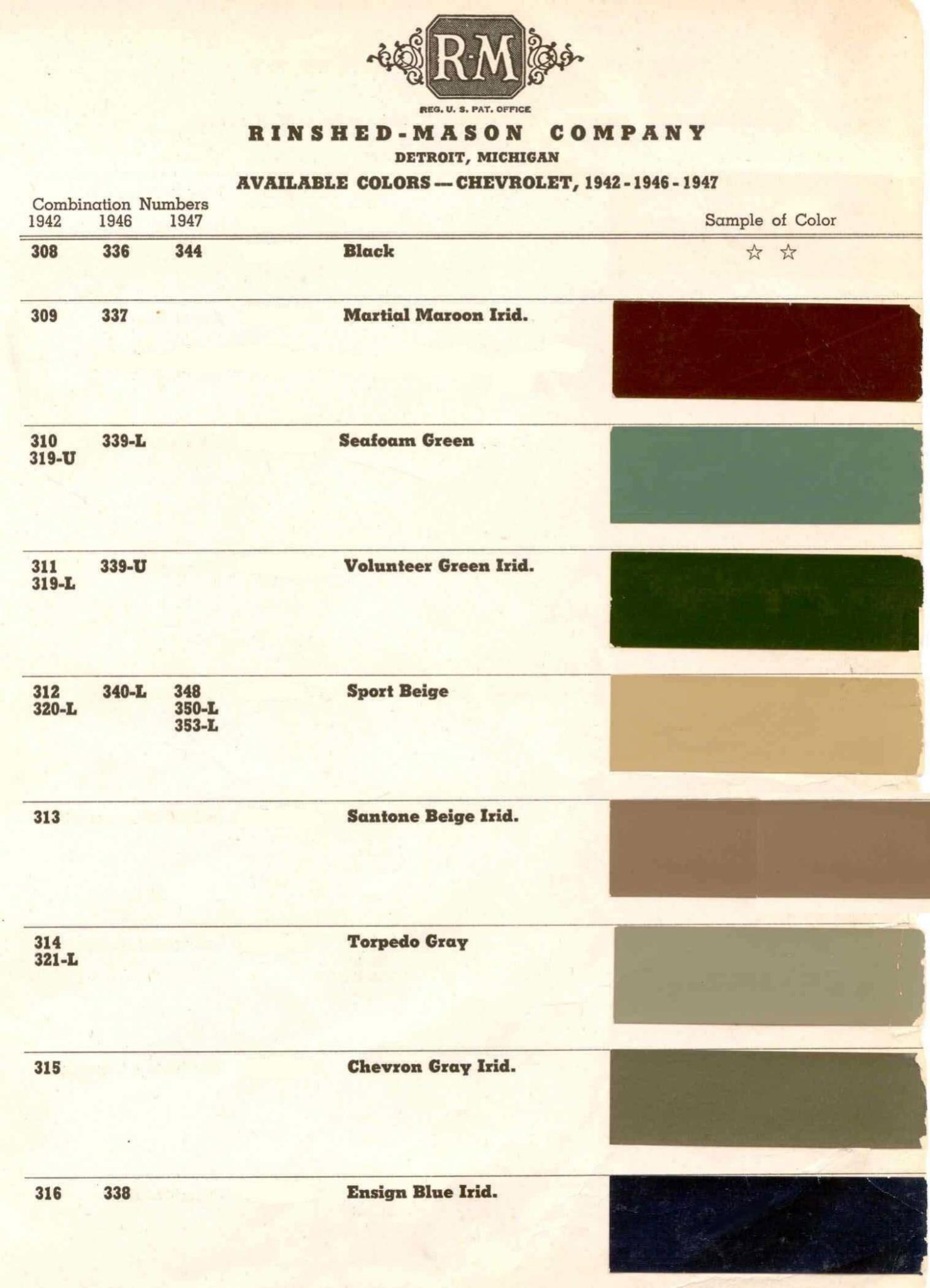 1942-1946-1947 Chevrolet Paint Chart Color Examples and their codes for Chevrolet Vehicles