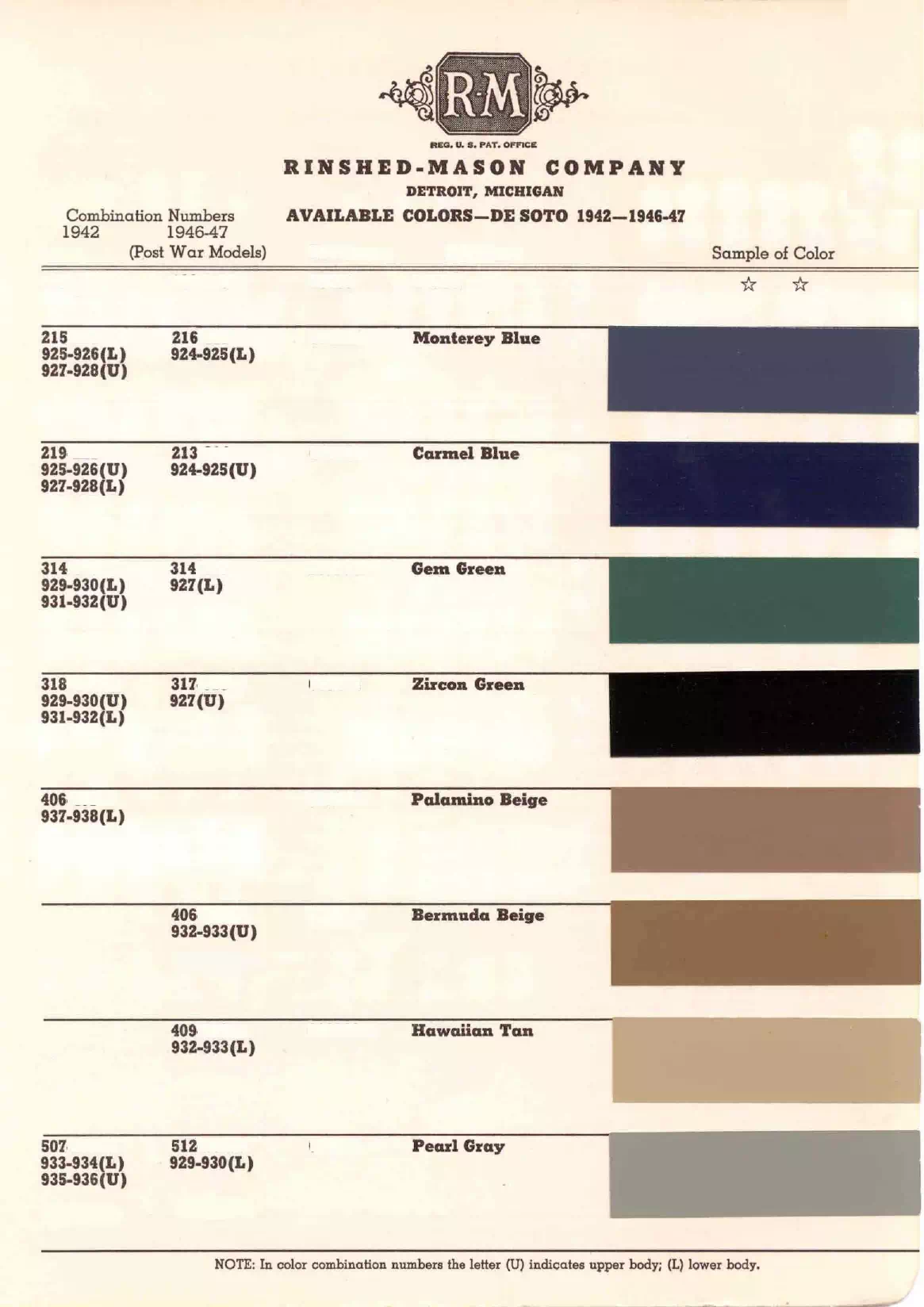 1942, 1946 & 1947 DeSoto Paint Codes & Color Chart colors and ordering codes for those colors used the vehicles for the years listed