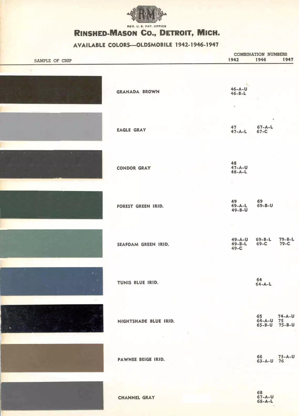 1942, 1946 & 1947 Oldsmobile Paint Codes & Color Chart colors and ordering codes for those colors used the vehicles for the years listed