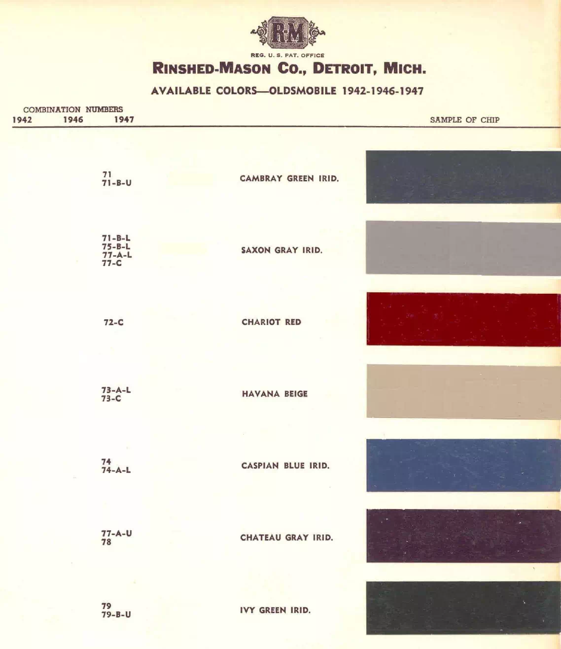 1942, 1946 & 1947 Oldsmobile Paint Codes & Color Chart colors and ordering codes for those colors used the vehicles for the years listed