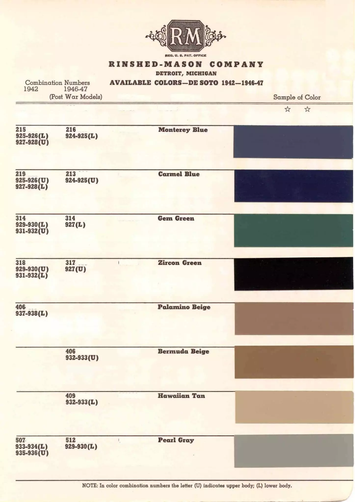 1942, 1945, 1946, 1947 DeSoto Paint Chart