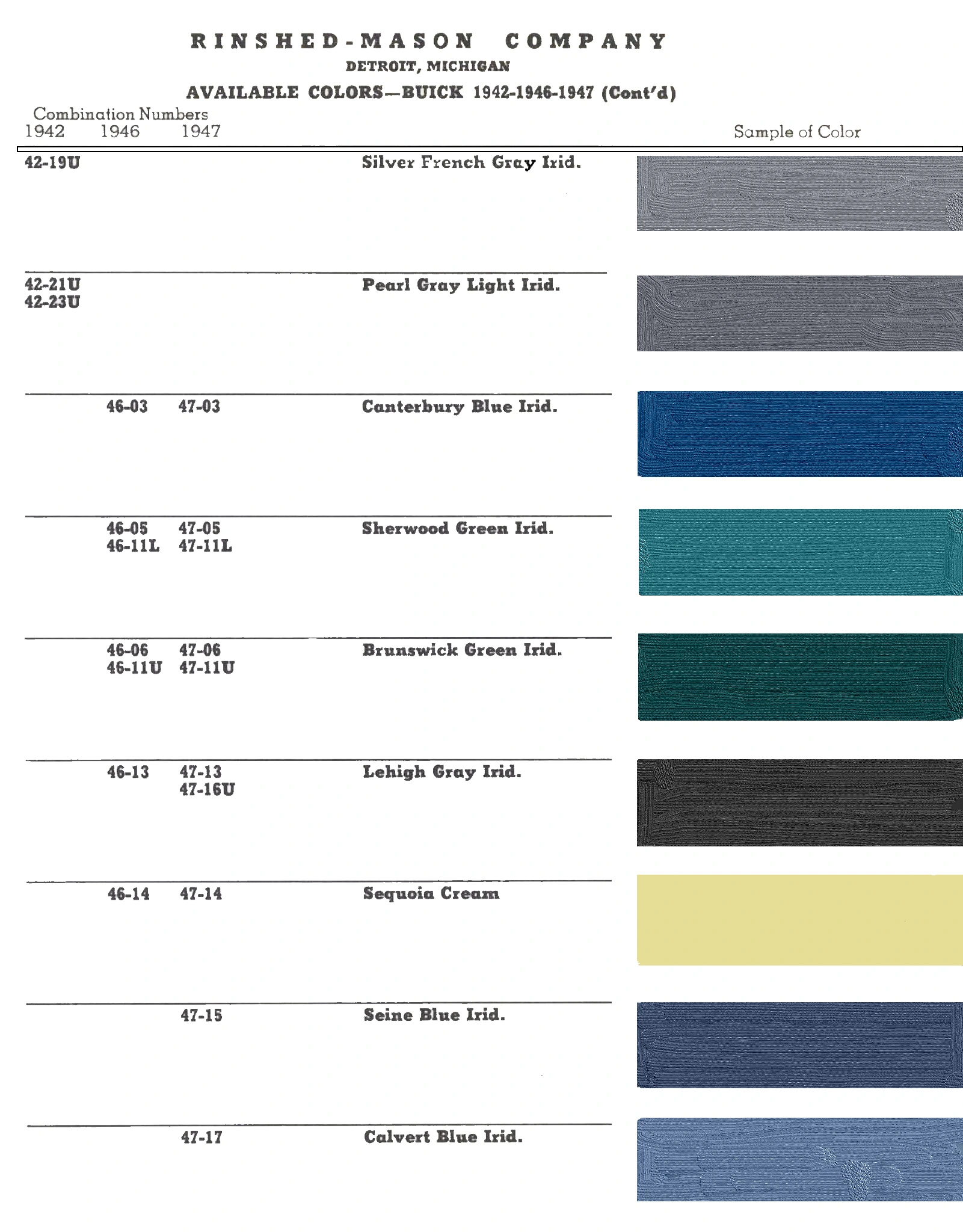 1942, 1943, 1944, 1945, 1946, 1947 Buick Paint Codes and Color Chart Combined Color Charts by Mfg's during ww2, Buick model Paint colors