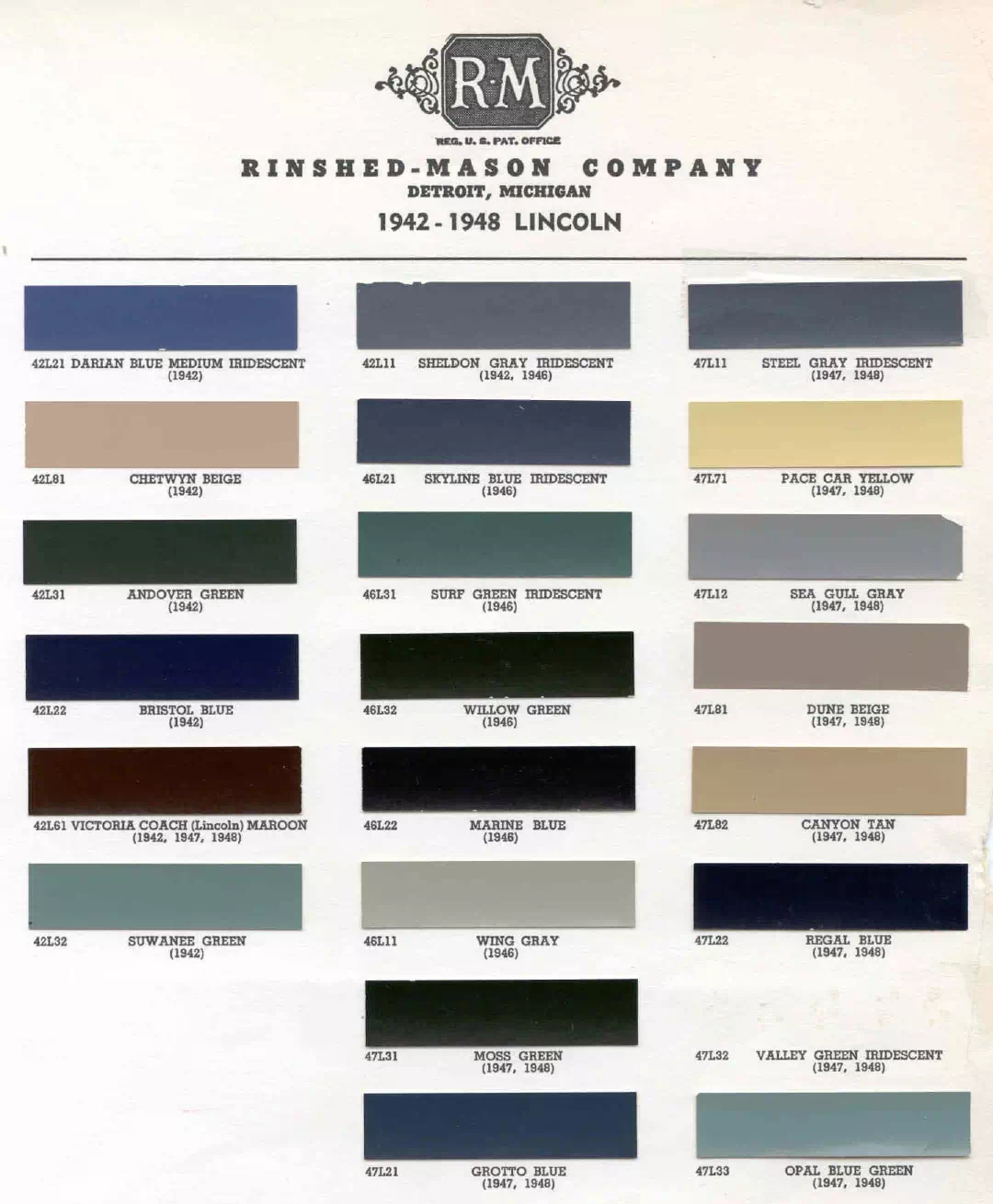 1942 1946 1947 1948 Lincoln Paint Codes & Color Chart colors and ordering codes for those colors used the vehicles for the years listed