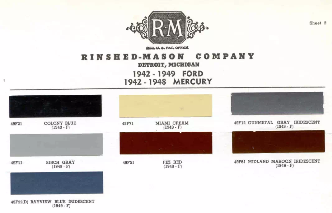 1942 Mercury Paint Chart oem paint codes, color names, and color swatches used on Mercury vehicles