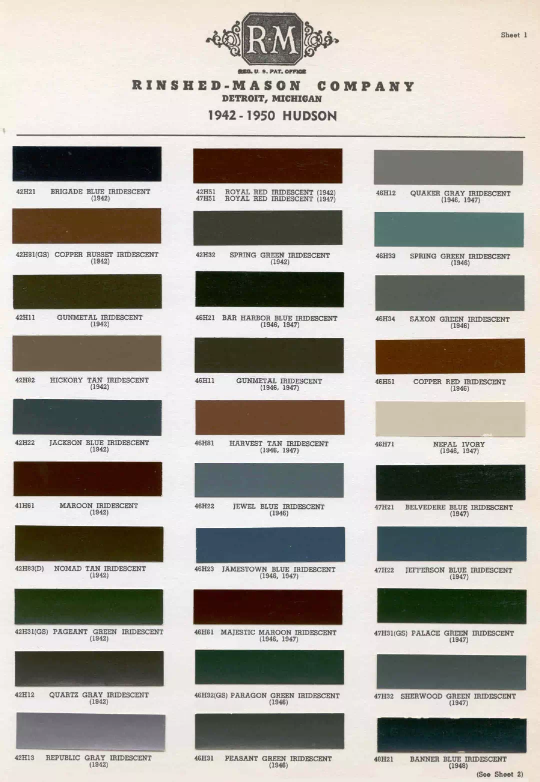 1942, 1946, 1947, 1948 1949 & 1950 Hudson Paint Codes & Color Chart colors and ordering codes for those colors used the vehicles for the years listed