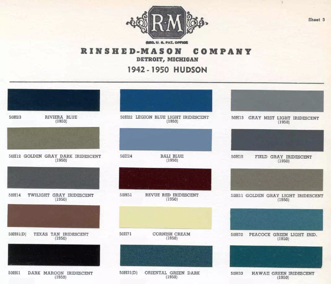 1942, 1946, 1947, 1948 1949 & 1950 Hudson Paint Codes & Color Chart colors and ordering codes for those colors used the vehicles for the years listed