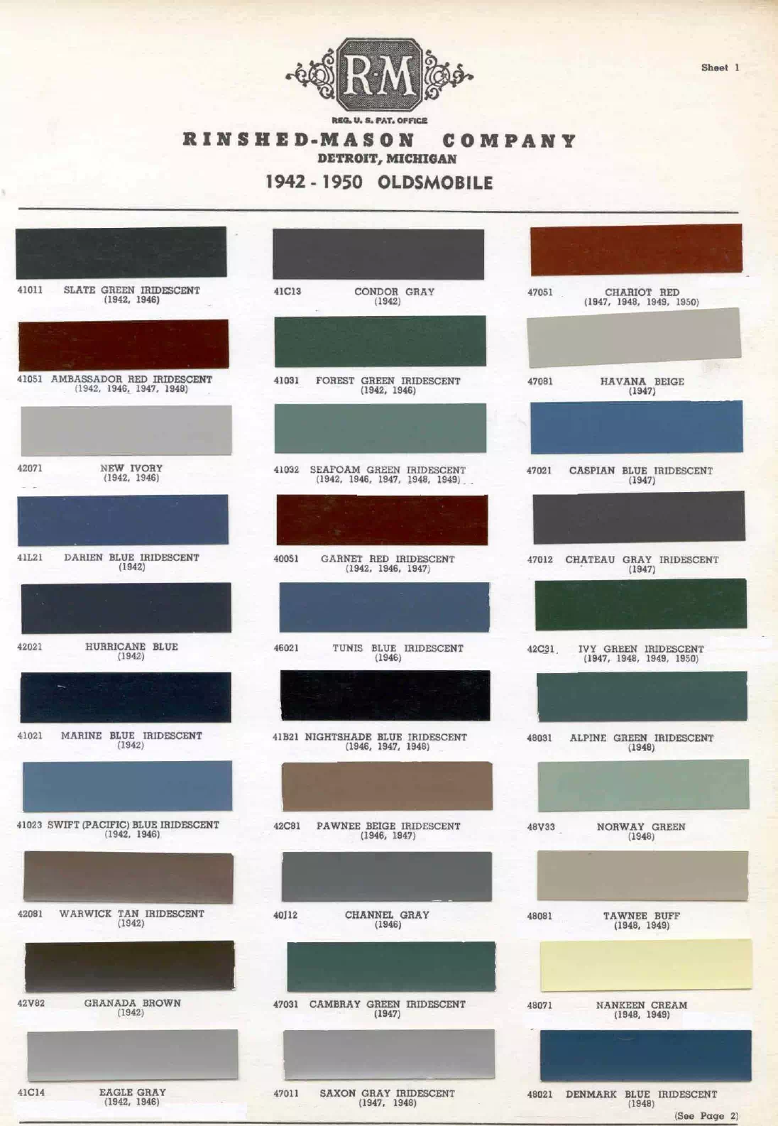 1942, 1946, 1947, 1948, 1949 & 1950 Oldsmobile Paint Codes & Color Chart colors and ordering codes for those colors used the vehicles for the years listed