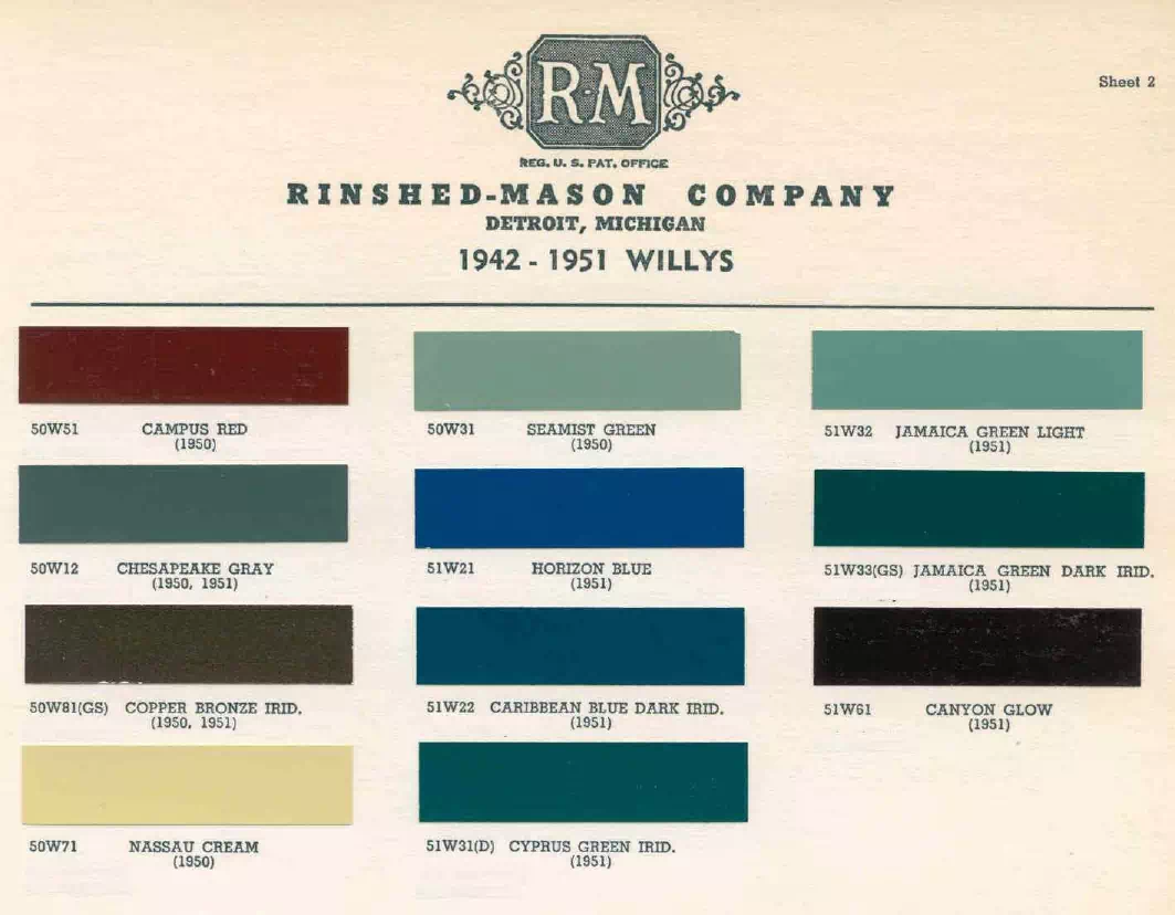 1942, 1946, 1947, 1948, 1949, 1950 & 1951 Willy's Paint Codes & Color Chart colors and ordering codes for those colors used the vehicles for the years listed