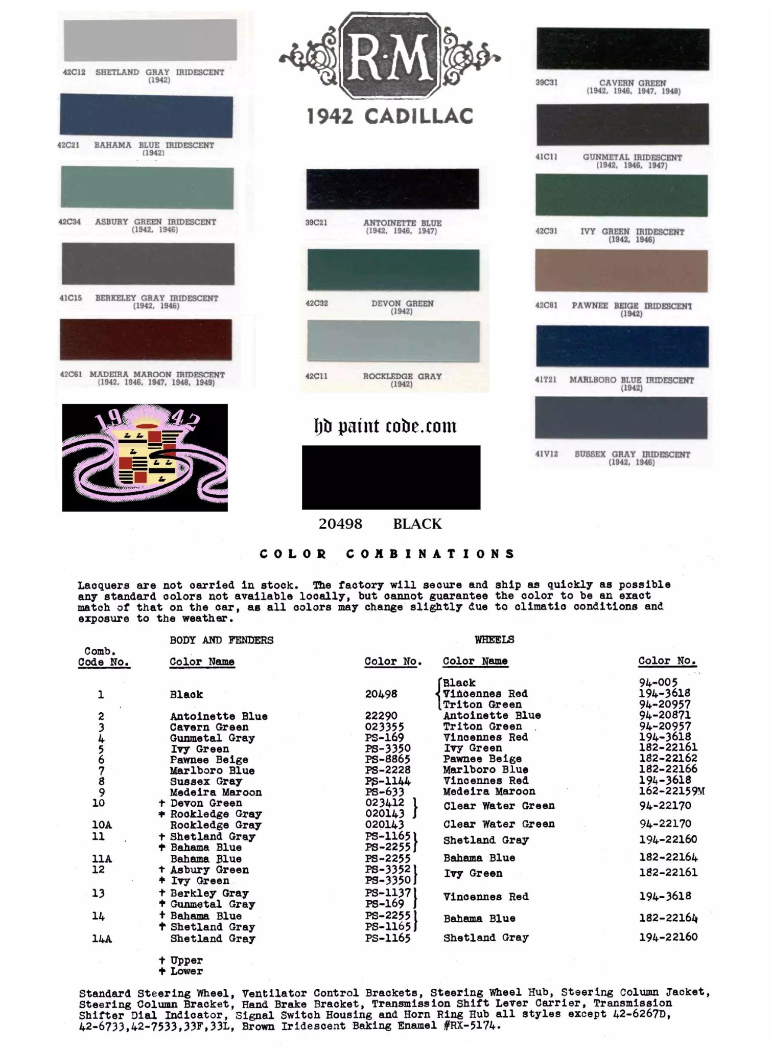 1942 Cadillac Paint Chart and Color Codes Color Examples and their codes for Cadillac Vehicles
