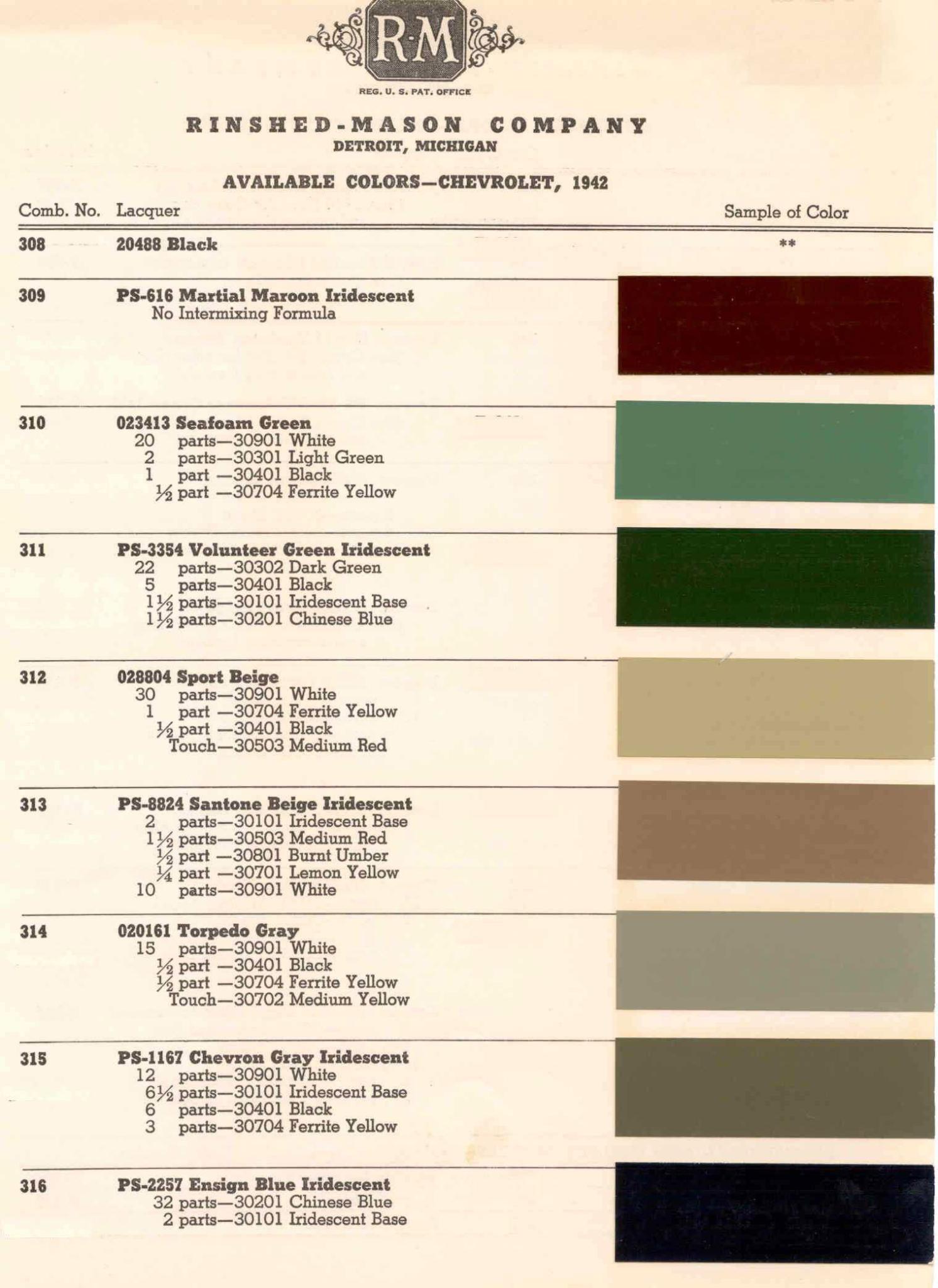 1942 Chevrolet Paint Chart Color Examples and their codes for Chevrolet Vehicles