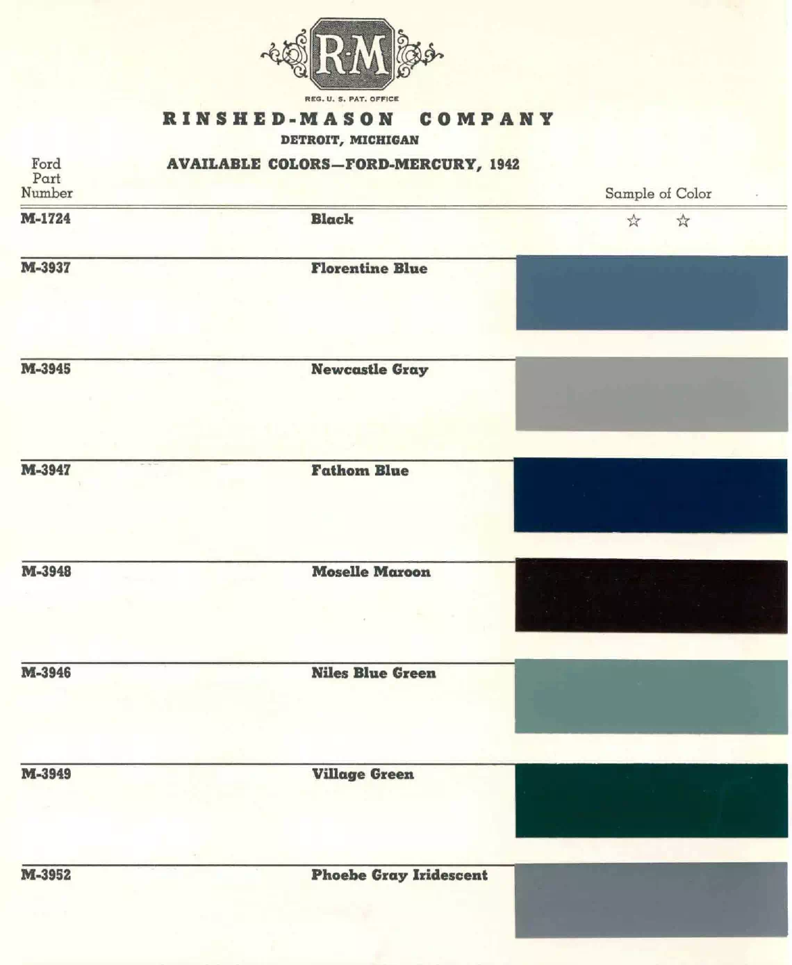 1942 Ford & Mercury Paint Codes & Color Chart colors and ordering codes for those colors used the vehicles for the years listed