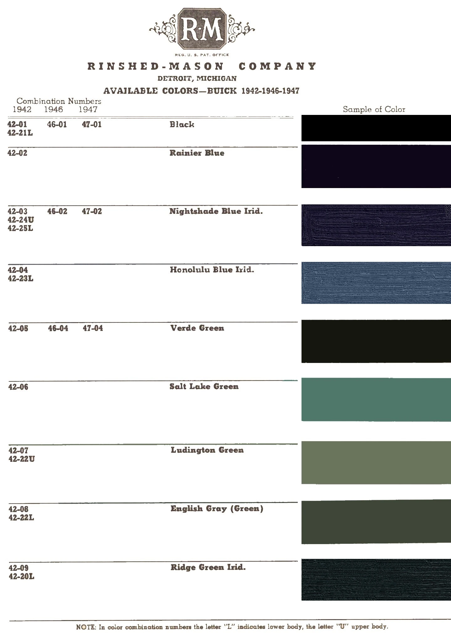 1942, 1943, 1944, 1945, 1946, 1947 Buick Paint Codes and Color Chart Combined Color Charts by Mfg's during ww2, Buick model Paint colors