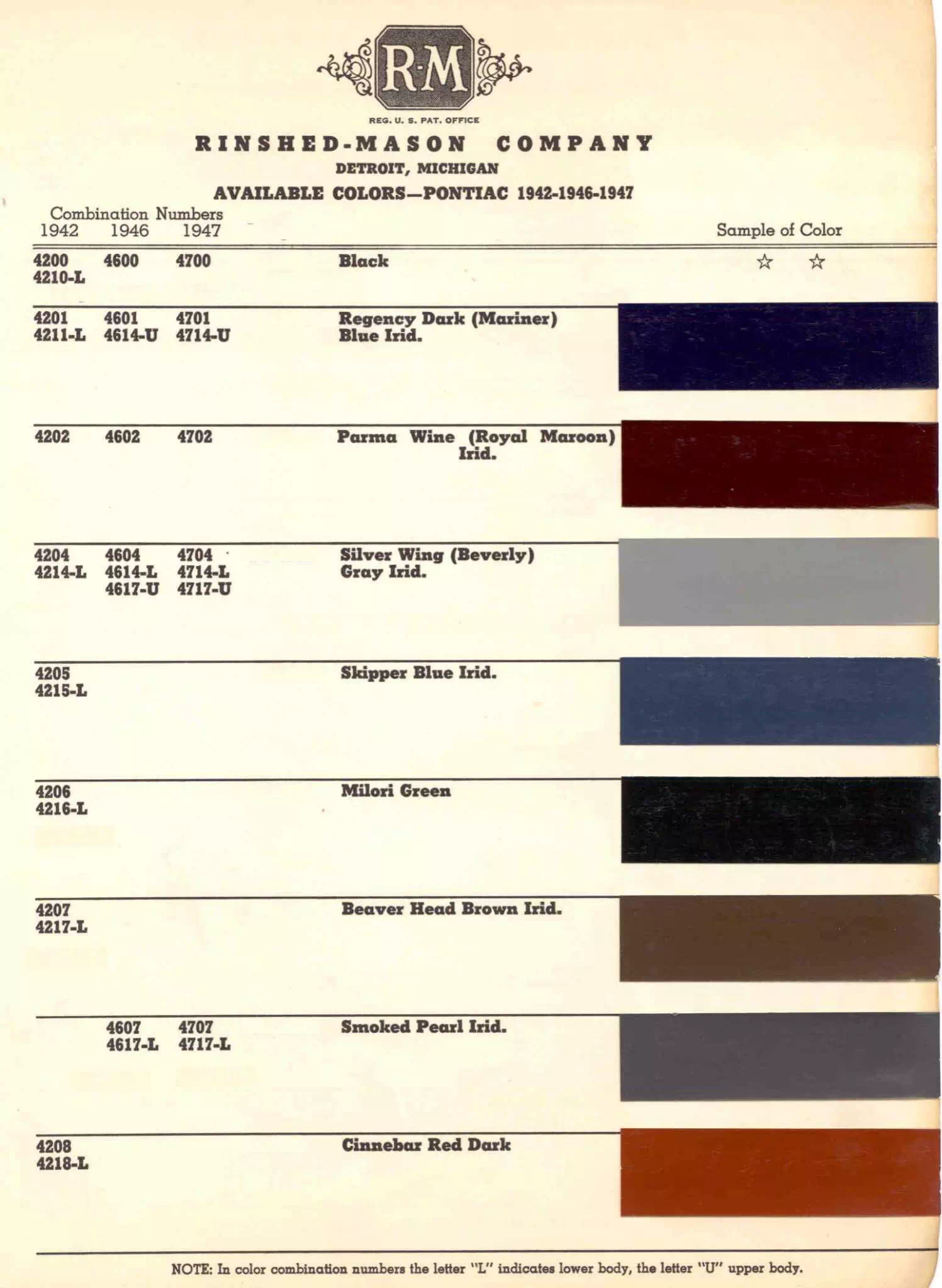 Chart that shows the Colors used on Pontiac Vehicles and the Code to look them up.