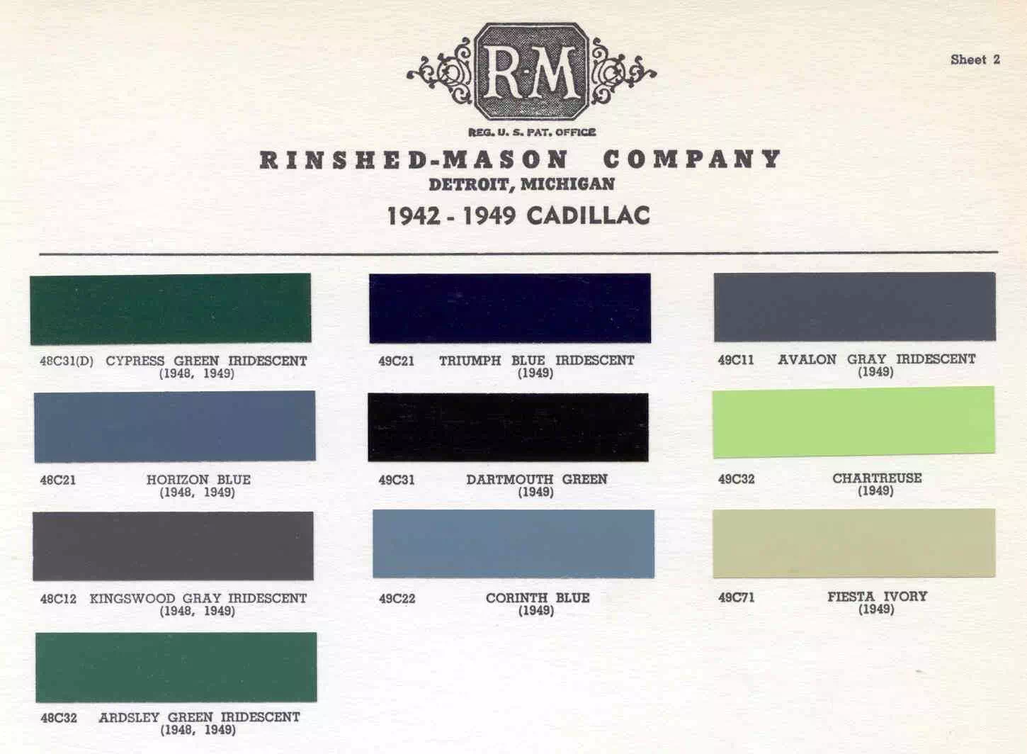 1942 to 1949 Cadillac Paint Chart and Color Codes Color Examples and their codes for Cadillac Vehicles