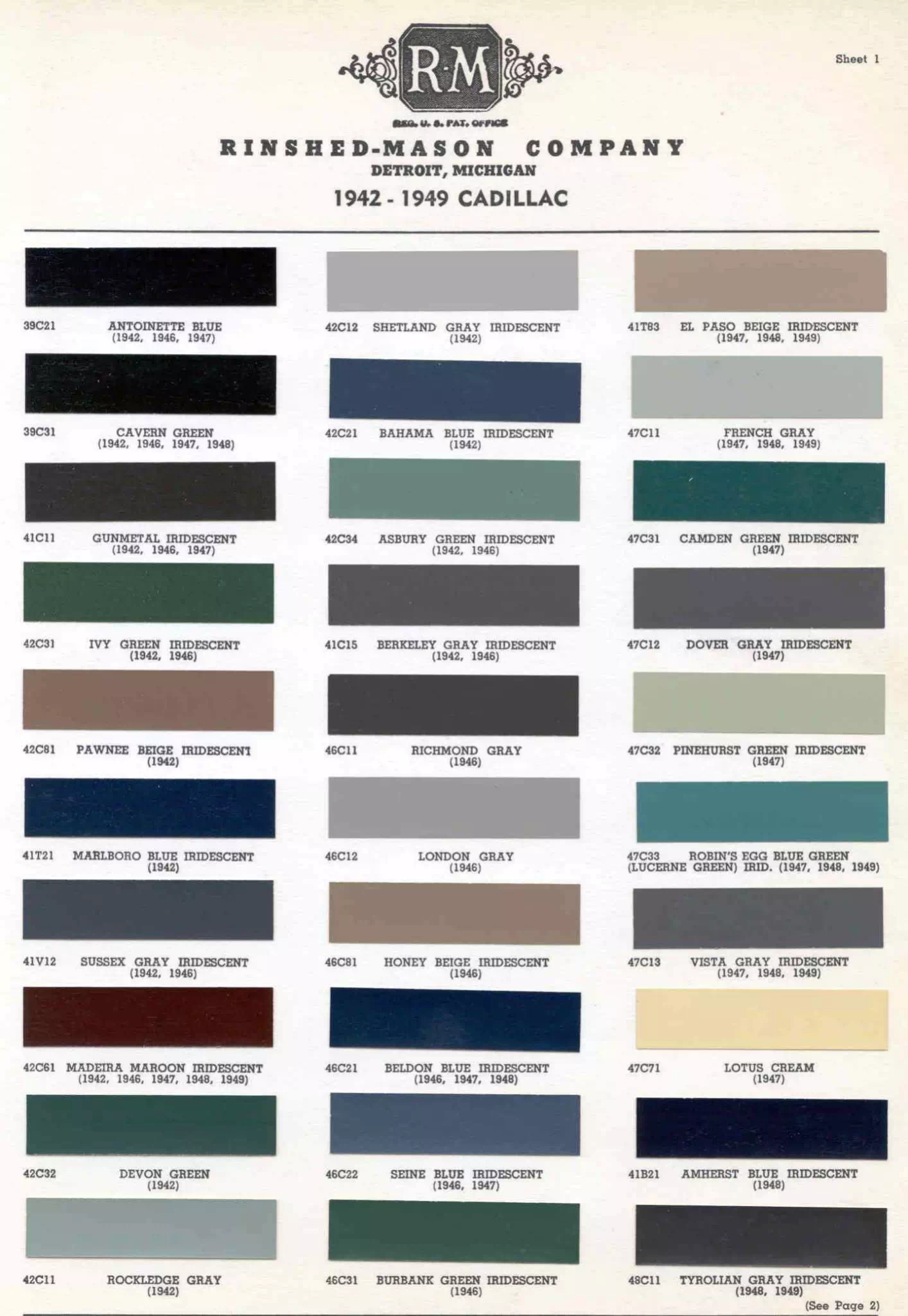 1942 to 1949 Cadillac Paint Chart and Color Codes Color Examples and their codes for Cadillac Vehicles