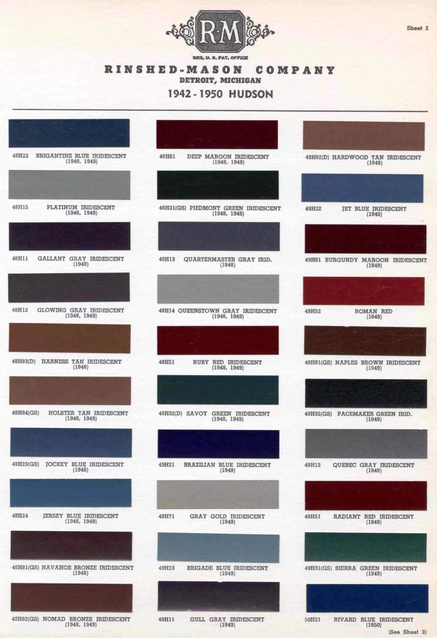 1942 - 1950 Hudson Paint Chart and Color Codes Colors and Paint Codes or Combo Numbers for Exterior Colors