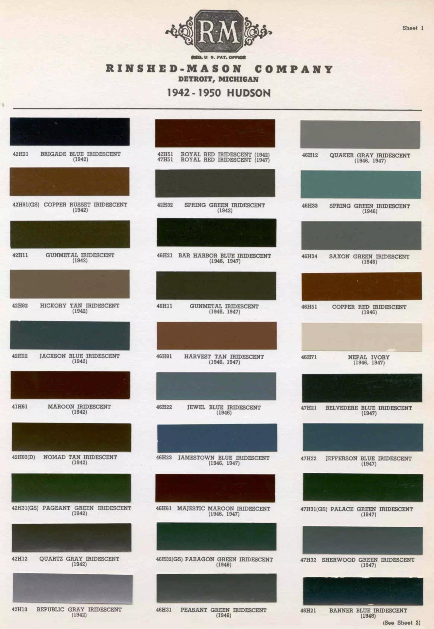 1942 - 1950 Hudson Paint Chart and Color Codes Colors and Paint Codes or Combo Numbers for Exterior Colors