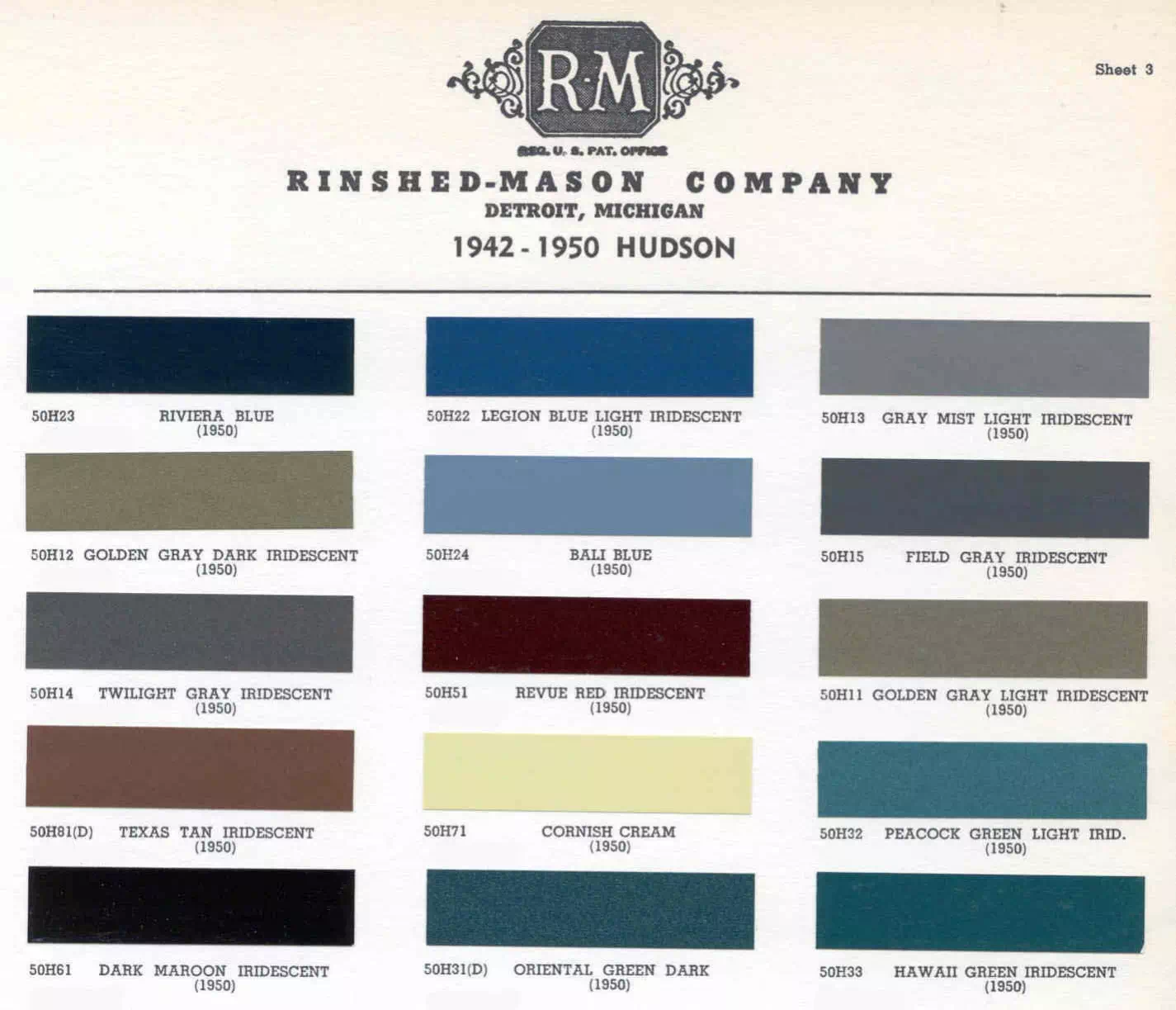 1942 - 1950 Hudson Paint Chart and Color Codes Colors and Paint Codes or Combo Numbers for Exterior Colors