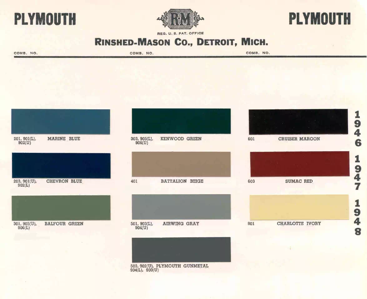 1946, 1947 & 1948 Plymouth Paint Codes and Color Chart colors and ordering codes for those colors used the vehicles for the years listed