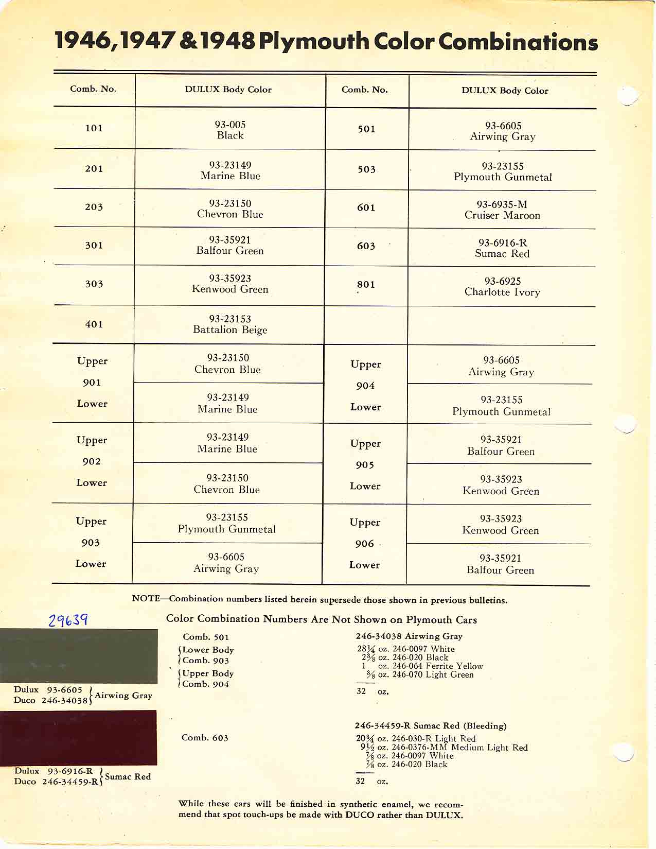 Plymouth Colors and Codes 2 tone combinations 1946-1948 Plymouth Paint Color Code Chart