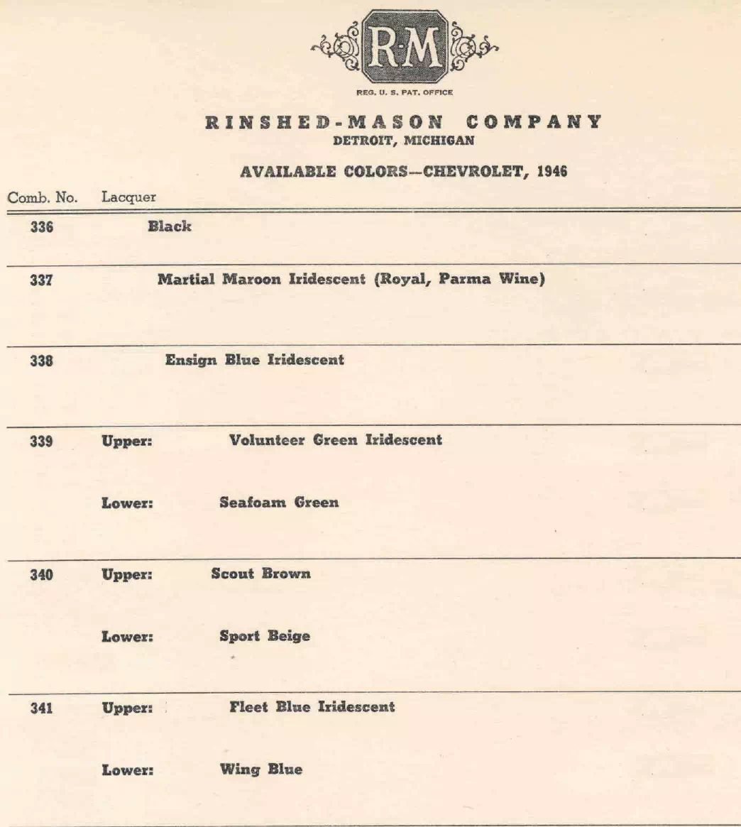 1946 Chevrolet Paint Codes & Color Chart colors and ordering codes for those colors used the vehicles for the years listed