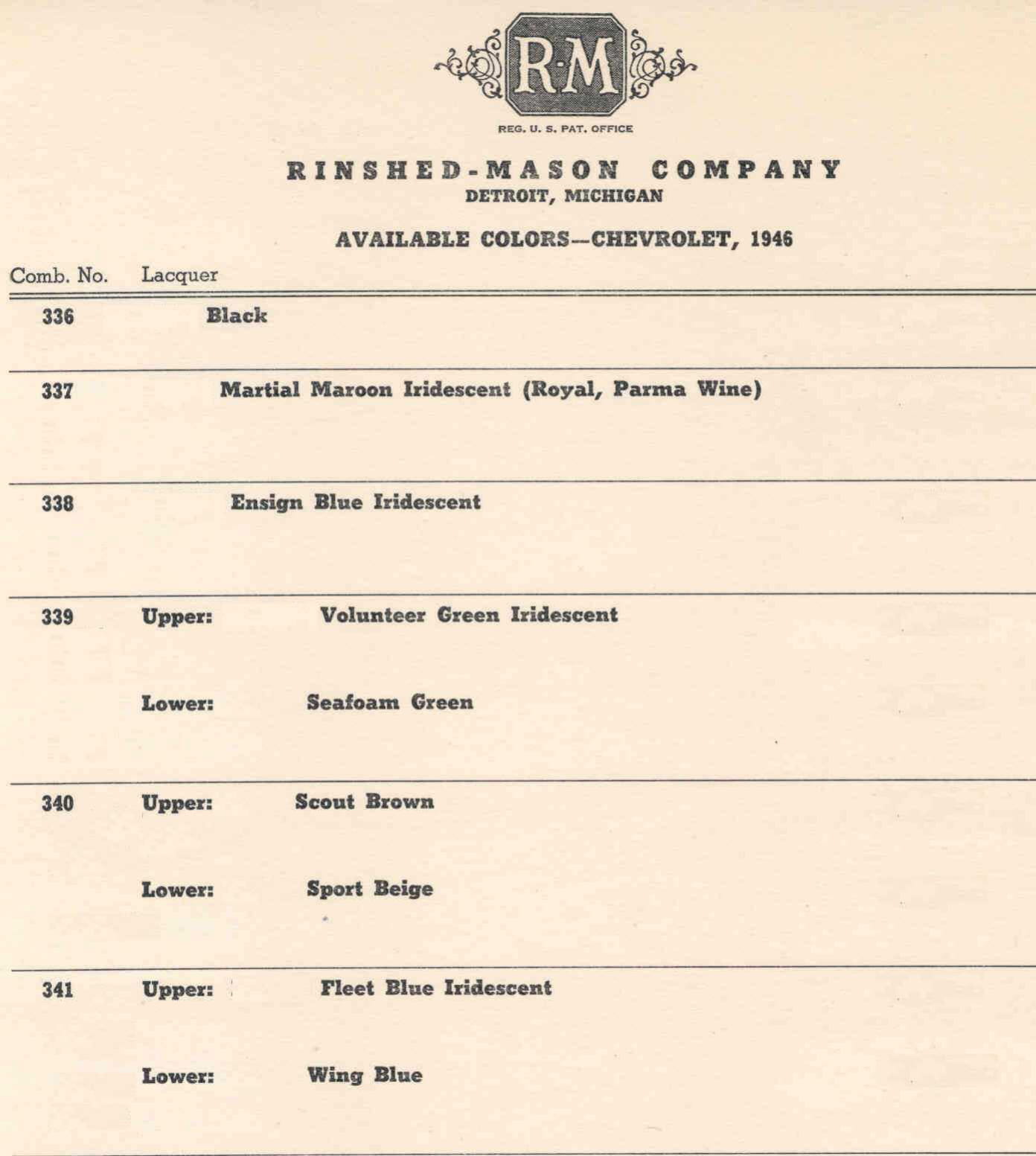 1946 Chevrolet Paint Chart Color Examples and their codes for Chevrolet Vehicles
