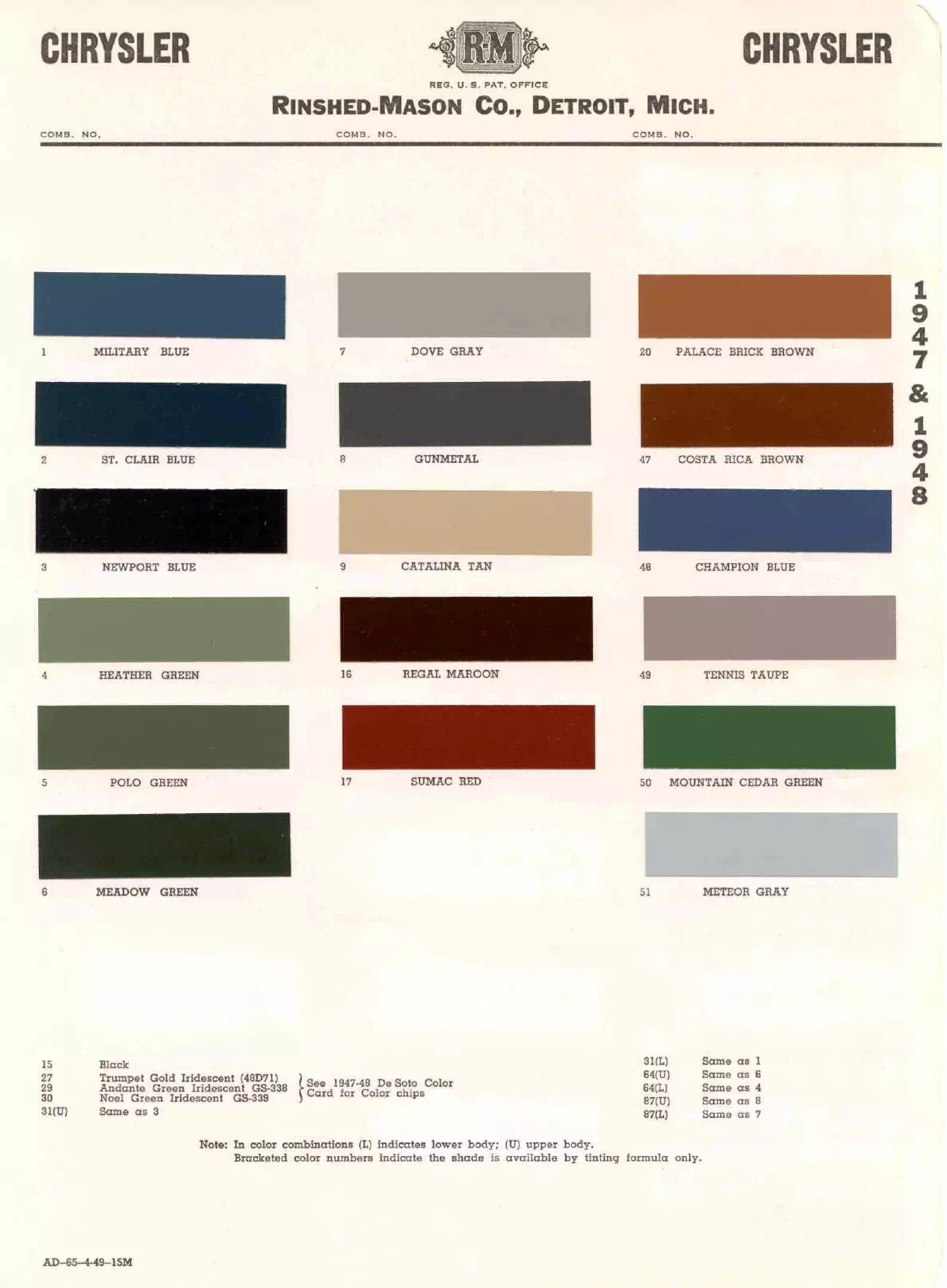 1947 & 1948 Chrysler Paint Codes & Color Chart colors and ordering codes for those colors used the vehicles for the years listed