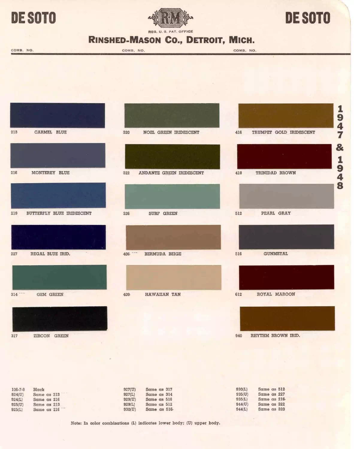 1947 & 1948 DeSoto Paint Codes & Color Chart colors and ordering codes for those colors used the vehicles for the years listed
