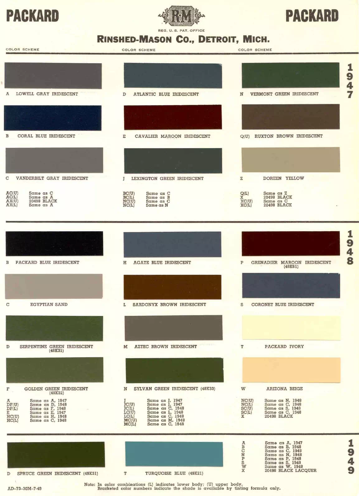 1947, 1948 & 1949 Packard Paint Codes & Color Chart colors and ordering codes for those colors used the vehicles for the years listed