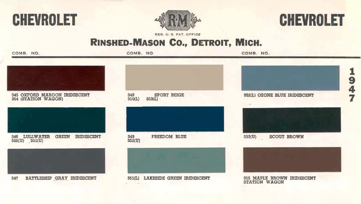1947 Chevrolet Paint Codes & Color Chart colors and ordering codes for those colors used the vehicles for the years listed