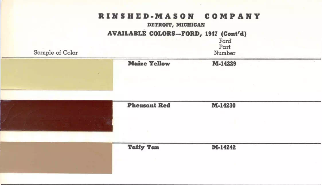 colors and ordering codes for those colors used the vehicles for the years listed