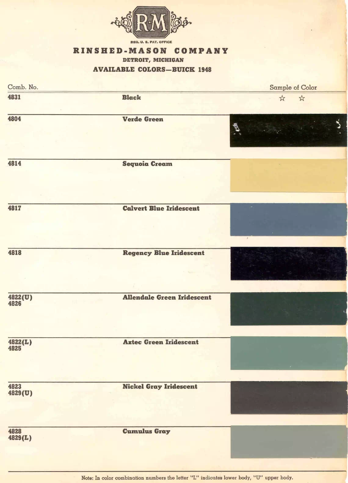 1948 Buick Paint Codes and Color Chart colors and ordering codes for those colors used the vehicles for the years listed
